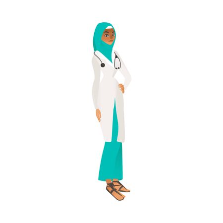 Muslim doctor woman in medical uniform flat cartoon character vector illustration isolated on white background. Element for women diversity and equality concept.のイラスト素材