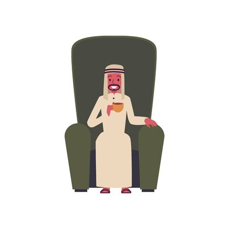 Arab business man cartoon character smiling and sitting in high chair drinking tea. Saudi male in traditional Arabic thobe clothes isolated on whiteのイラスト素材