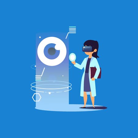 Female doctor with VR glasses looking at human eye, medical clinic worker uses virtual reality to make diagnosis, futuristic medicine technology - flat cartoon vector illustrationのイラスト素材
