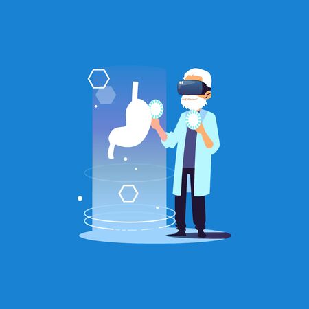 Doctor on a blue background using a virtual reality glasses looks at a human stomach, flat cartoon vector illustration background. Technology in the healthcare concept.のイラスト素材