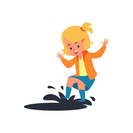 Happy child jumping on rain puddle, little blonde girl having fun splashing mud water with her spring boots, rainy weather play - isolated flat cartoon vector illustration on white backgroundのイラスト素材