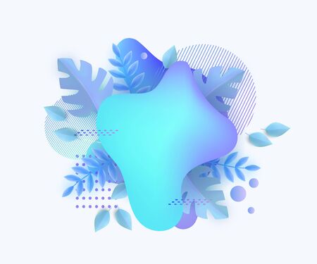 Icy blue winter card design template with blue leaves behind abstract blob shape, modern geometric banner with blank text spaceのイラスト素材