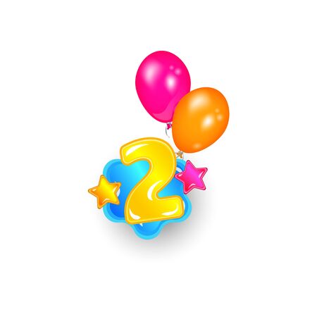 Colorful cartoon number two floating on air with balloons, child baby birthday sign or age 2 restriction label concept isolated on on white background, vector illustrationのイラスト素材