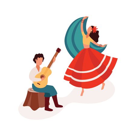 Dancing and playing guitar gypsy couple dressed in ethnic wear, flat cartoon vector illustration isolated on white background. Gypsy culture and people diversity concept.のイラスト素材