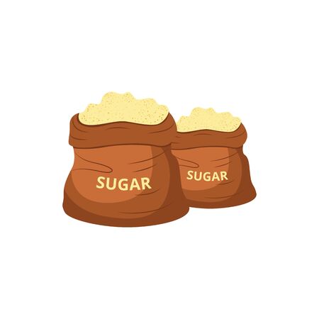 Brown jute sugar bags filled with sweet yellow powder, two piles of sugarcane produce in filled up burlap sacks, isolated flat vector illustration in hand drawn cartoon styleのイラスト素材