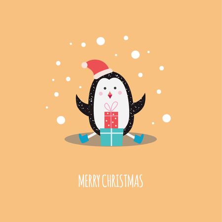 Christmas cute penguin in the winter red hat with gift boxes cartoon flat vector illustration on orange background. Xmas and New Year greeting card or poster template.のイラスト素材