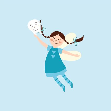 Cute tooth fairy happy about getting a tooth. Fantasy cartoon character with wings and blue dress smiling and flying in air, hand drawn girl with braids - flat vector illustrationのイラスト素材