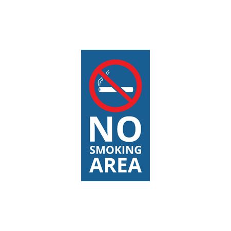 No smoking area - blue banner with crossed out red cigarette symbol. Stop sign for smokers in public space, smoke-free area rectangle sticker isolated on white background - vector illustrationのイラスト素材
