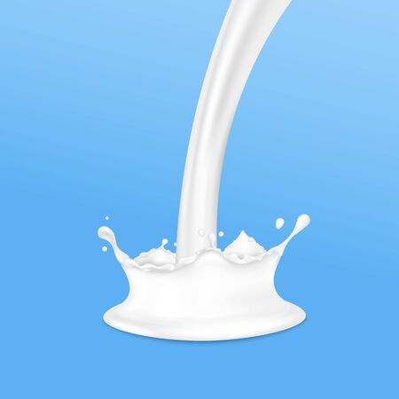 White milk products or cosmetic moisturizer or cream's splash and stream, realistic vector illustration isolated on blue background. Flowing and splashing white liquide.のイラスト素材