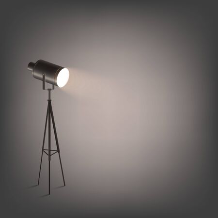 Photo and film studio spotlight on tripod illuminating dark background 3d realistic vector illustration. Light of professional cinema and show projector or lamp.のイラスト素材