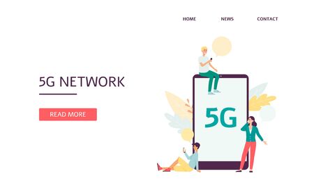 Responsive editable landing page with cartoon people characters using wireless 5g for internet and...