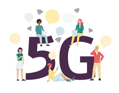 5G mobile internet connection - cartoon people using fast wireless technology on their phone, teen...