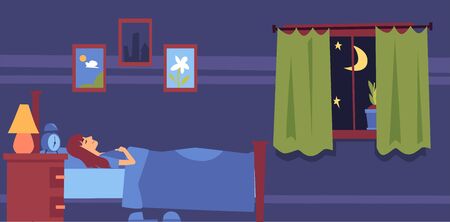 Young woman sleeping in bed on a pillow under the blanket in the bedroom at night. Night sleep and rest of a girl or woman in the bedroom, flat cartoon vector illustration.のイラスト素材
