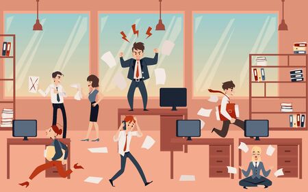 The concept of office chaos in business with the boss, businessmen and employees before deadline. Chaos and office disorder, angry and busy, running and meditating employees, flat cartoon vector illustration.のイラスト素材
