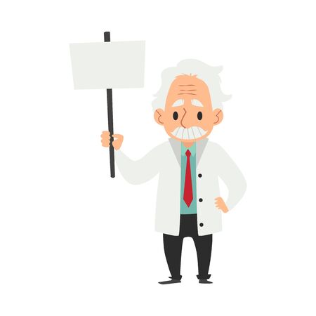 An old man with a mustache, a scientist and a professor or doctor in a lab coat with a blank sign in his hand. Scientist character concept, flat cartoon vector illustration.のイラスト素材