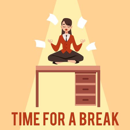 Time for a break. A young woman or girl focuses, meditates and sits in the lotus position on a table in the workplace under a beam of light among the papers. Flat cartoon office vector illustration.のイラスト素材