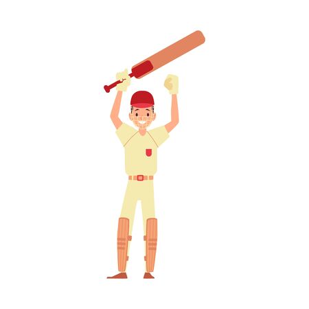 A man cricket player, cricketer and batsman raised his hands with a bat and rejoices. Cricket game, sport character and sportsman. Isolated flat cartoon vector illustration on white background.のイラスト素材