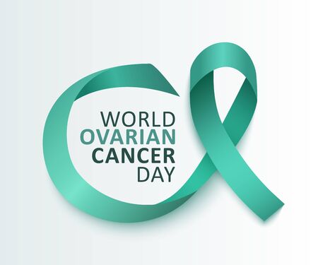 Template of ovarian cancer awareness poster with teal ribbon and text vector illustration on the white background. World day of support and hope for cancer patients.のイラスト素材