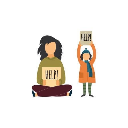 Homeless mother with her child holding cardboard tablets calling for help and begging flat vector illustration isolated on white background. Concept of social problems.のイラスト素材