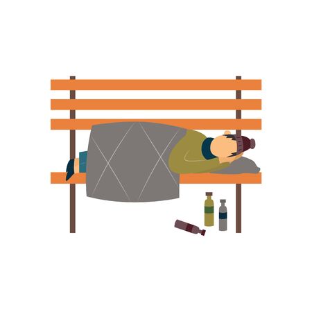 Homeless tramp or beggar sleeping on a bench flat vector illustration isolated on white background. Homelessness and poverty problems in modern society.のイラスト素材