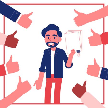 Vector young male journal employee standing smiling surrounded by thumbs up. Man with happy facial expression gets promotion, recognition for best article . Best author, excellent performanceのイラスト素材