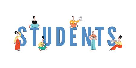 Vector happy teen girls, men students sitting legs crossed typing at laptop, reading textbooks. Cheerful smiling female character for school, university or college education design.のイラスト素材