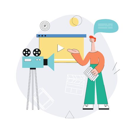 Red haired young man in pants and a sweater is involved in the shooting of the video with camera. Video and internet marketing concept. Isolated vector flat illustration on white background.のイラスト素材