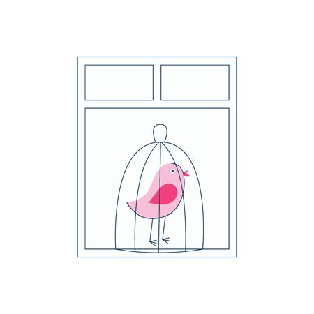 A pink bird in a cage stands by the window.Vector flat illustration.のイラスト素材