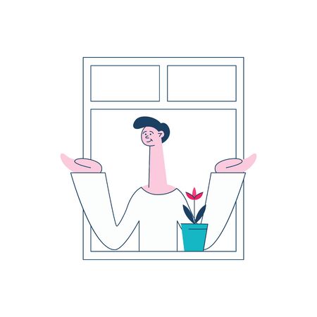A man or a brunet man stands in a pose by the open window of an apartment next to a flower in a pot and spreads his hands- vector flat illustration.のイラスト素材
