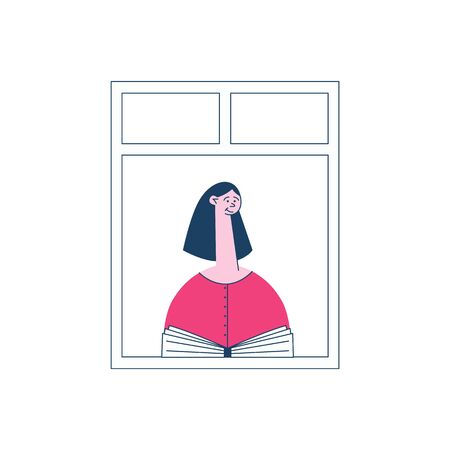 A brunette girl in a pink sweater is sitting by the open window with a book, the concept of neighbors and neighborhood in the city, vector flat illustration.のイラスト素材