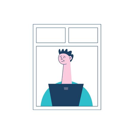 A young, curly man sits by the open window behind a laptop or computer. Concept of neighbors and neighborhood in the city, vector flat illustration.のイラスト素材