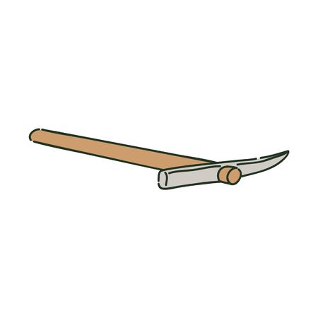 Lying metal pickaxe on wooden handle sketch style, vector illustration isolated on white background....