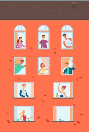 Set of neighbors looking out the windows waving hands, communicating and greeting each other. Vector file.のイラスト素材