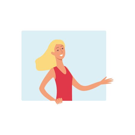 Young beautiful woman with lush long hair smiling and waving hand from the window from behind. Isolated vector illustration.のイラスト素材