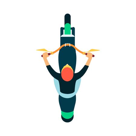 Color sport motorcycle with rider or pilot wearing sweatshirt top view vector illustration isolated on white background. Symbol or icon for moto racing sport design.のイラスト素材
