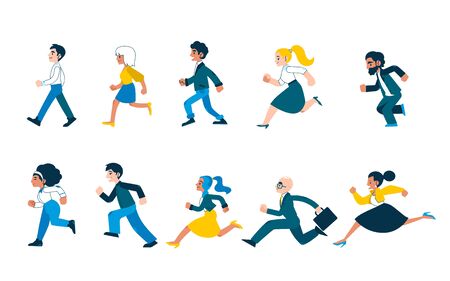 Vector illustration set of happy divercity people in casual clothing running forward - side view of smiling hurrying men and women moving fast and jogging in flat style isolated on white background.のイラスト素材