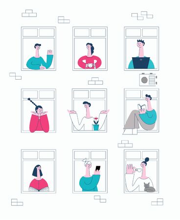 Vector neighbors looking out the windows waving hands, drink coffee, reading book and communicating and greeting each other. Flat men, women at their appartments windows. Neighborhood characters set.のイラスト素材