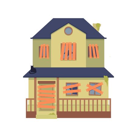 Old abandoned green house with boarded up windows, a door in flat cartoon style. Isolated vector illustration on white background. Flat two-storey, double decker house, cottage with fence.のイラスト素材