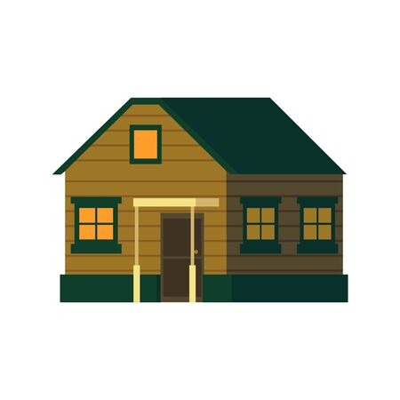 Cute wooden brown house with porch in flat cartoon style, isolated vector illustration with shadow on white background. Village house, flat home.のイラスト素材