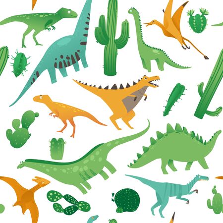 Seamless pattern with cute cartoon dinosaurs in flat style. Prehistorical dinosaurs and plants on a seamless pattern. Isolated vector illustration on white background.のイラスト素材