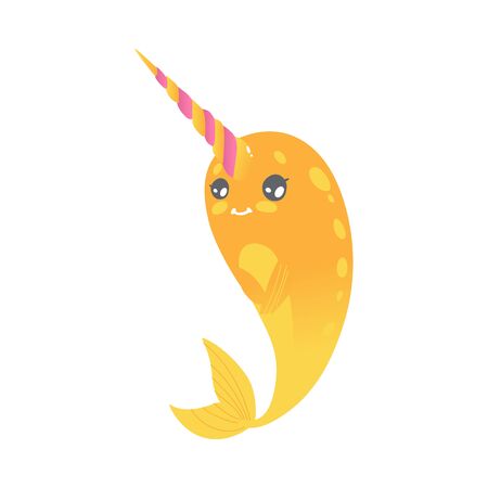 Cute cartoon yellow narwhal with pink horn, shy and modest sea unicorn with gradient. Isolated vector illustration on white background.のイラスト素材