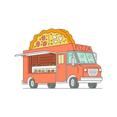 Street fast food truck with pizza. Mobile fast food pizzeria vehicle, van and truck, sketch vector illustration isolated on white background.のイラスト素材
