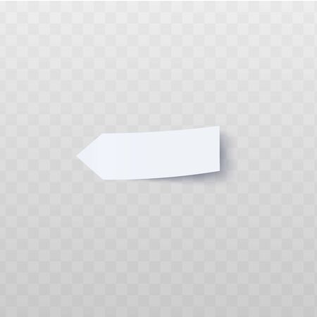 Oblong white arrow-shaped sticker with peeled edge realistic style, vector illustration isolated on a transparent background. Blank adhesive arrow flag for labeling information or page markerのイラスト素材