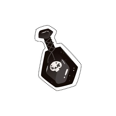 A black bottle or a flask sticker of poison or potion. Gothic flask of poison with a skull. Isolated vector flat hand drawn illustration.のイラスト素材