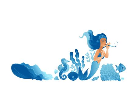 Blue hand drawn mermaid girl with sea animals, cute cartoon character playing musical instrument while swimming in ocean water with sea horse, fish and seaweed - isolated set vector illustrationのイラスト素材