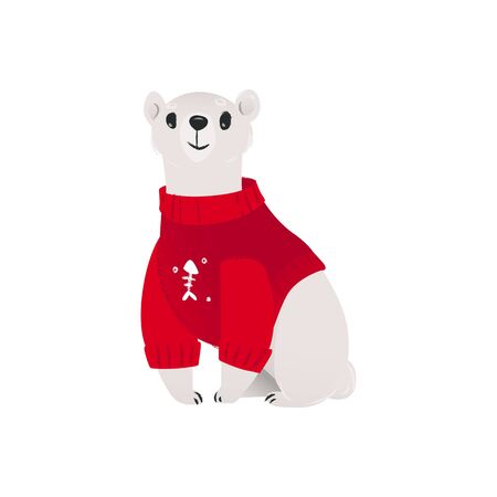 Arctic polar white bear in the winter red sweater the element for Christmas and New Year cards and posters design, cartoon vector illustration isolated on white background.のイラスト素材
