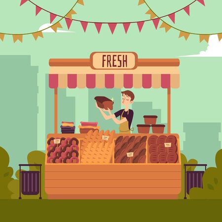 Man at counter of marketplace selling bakery production flat vector illustration on the cityscape background. Seller at place for selling food on local farmers' market.のイラスト素材