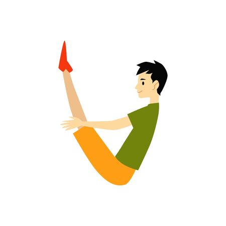 Young caucasian man sitting in a boat or navasana pose, doing yoga exercise, isolated vector flat illustration in cartoon style.のイラスト素材