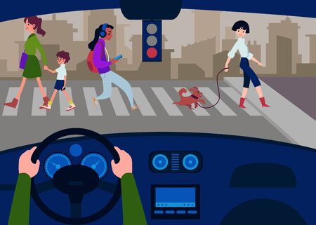Car interior from the drivers seat with a view on the road, pedestrians are crossed flat vector illustration. Car transport cab and highway design background.のイラスト素材