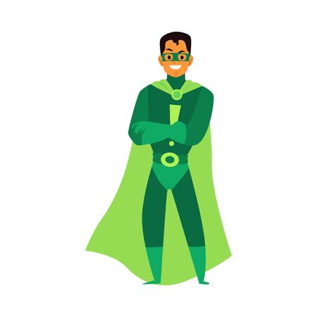 Man brunet asian or latino superhero standing in a green costume, a mask and a cloak. Isolated cartoon vector flat illustration of a male super hero.のイラスト素材